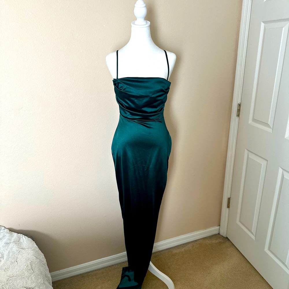 Formal spaghetti strap dress in emerald green